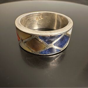 Vibrant Sterling Silver Inlay Ring with Stone Accents